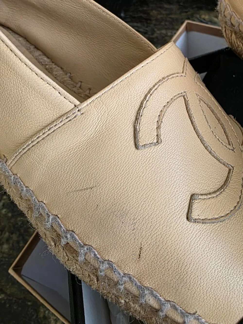 CHANEL  Beige & Black Lambskin Espadrilles Eur. 35